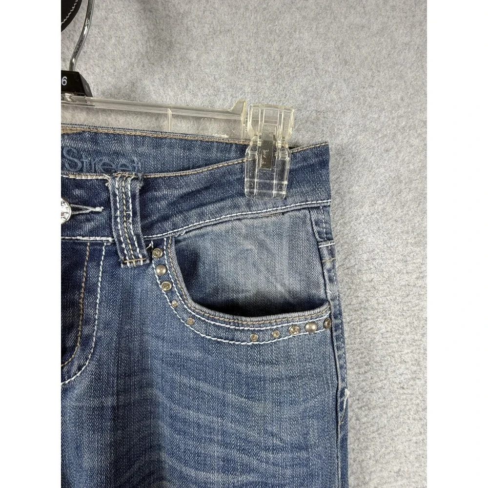 Baker Street Jeans‎ Juniors 1 Blue Bootcut Stretch Rhinestone Studded Distressed
